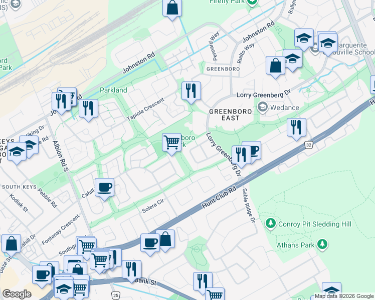 map of restaurants, bars, coffee shops, grocery stores, and more near 50 Hunters Glen Crescent in Ottawa