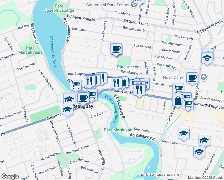 map of restaurants, bars, coffee shops, grocery stores, and more near 117 Boulevard D'Anjou in Châteauguay