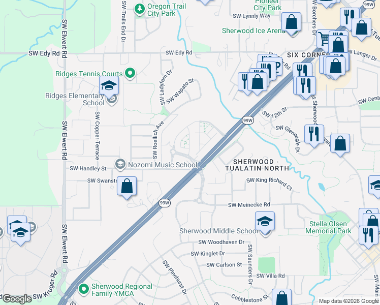 map of restaurants, bars, coffee shops, grocery stores, and more near 17625 Southwest Meinecke Road in Sherwood