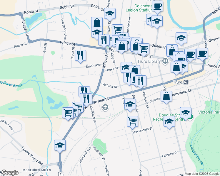map of restaurants, bars, coffee shops, grocery stores, and more near 28 Victoria Street in Truro