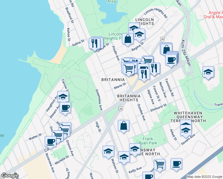 map of restaurants, bars, coffee shops, grocery stores, and more near Britannia Rd & Marie St in Ottawa