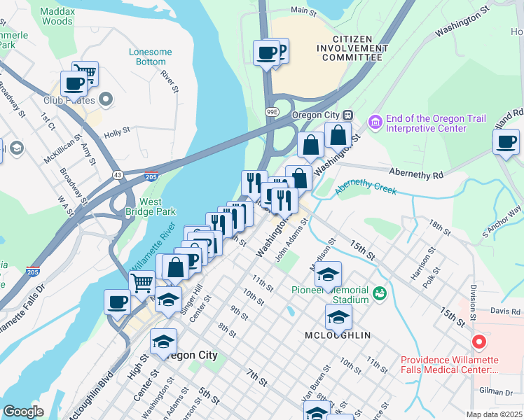 map of restaurants, bars, coffee shops, grocery stores, and more near 220 14th Street in Oregon City