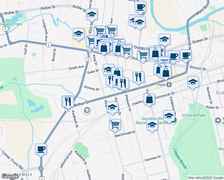 map of restaurants, bars, coffee shops, grocery stores, and more near 90 Dominion Street in Truro
