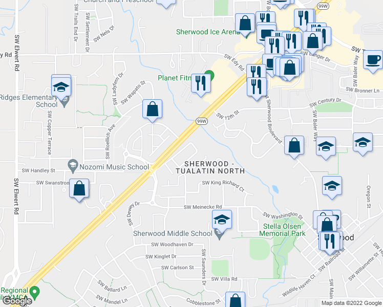 map of restaurants, bars, coffee shops, grocery stores, and more near 21831 Southwest Vintner Lane in Sherwood