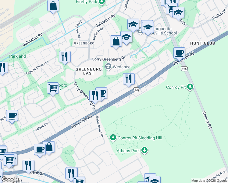 map of restaurants, bars, coffee shops, grocery stores, and more near 93 Newport Crescent in Ottawa