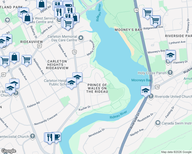 map of restaurants, bars, coffee shops, grocery stores, and more near 453 Rahul Crescent in Ottawa