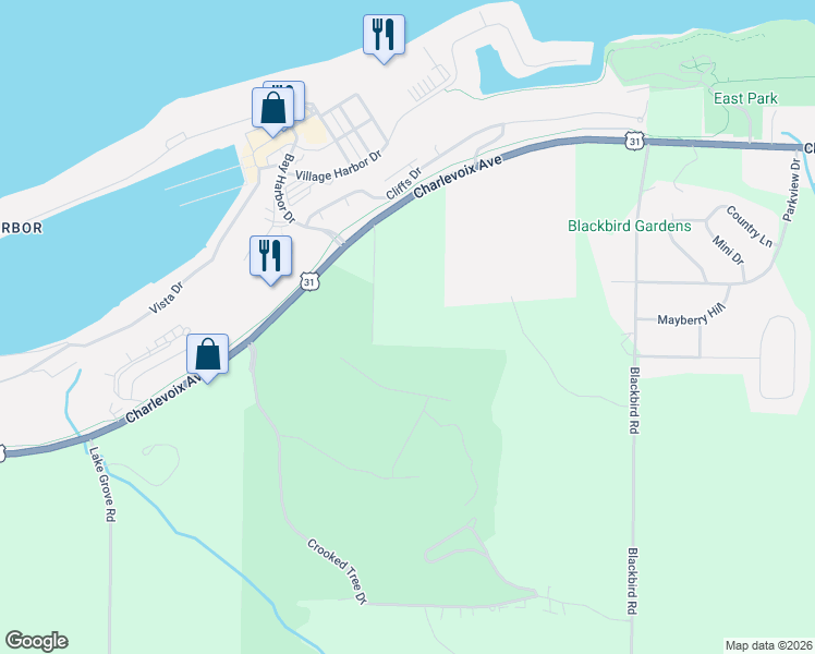 map of restaurants, bars, coffee shops, grocery stores, and more near 1117 Mason Road in Petoskey
