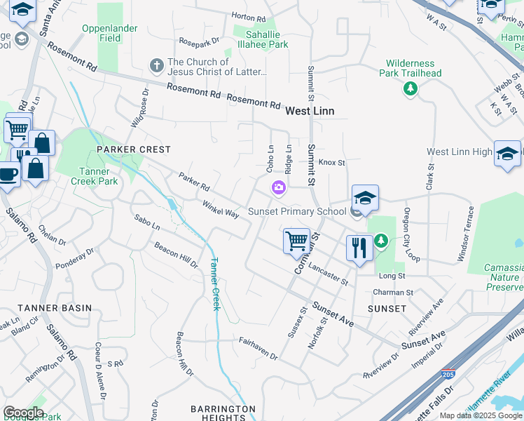 map of restaurants, bars, coffee shops, grocery stores, and more near 4700 Summer Run Drive in West Linn