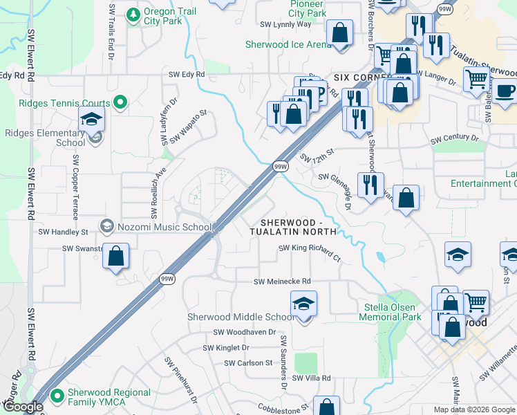 map of restaurants, bars, coffee shops, grocery stores, and more near 21760 Southwest Alexander Lane in Sherwood