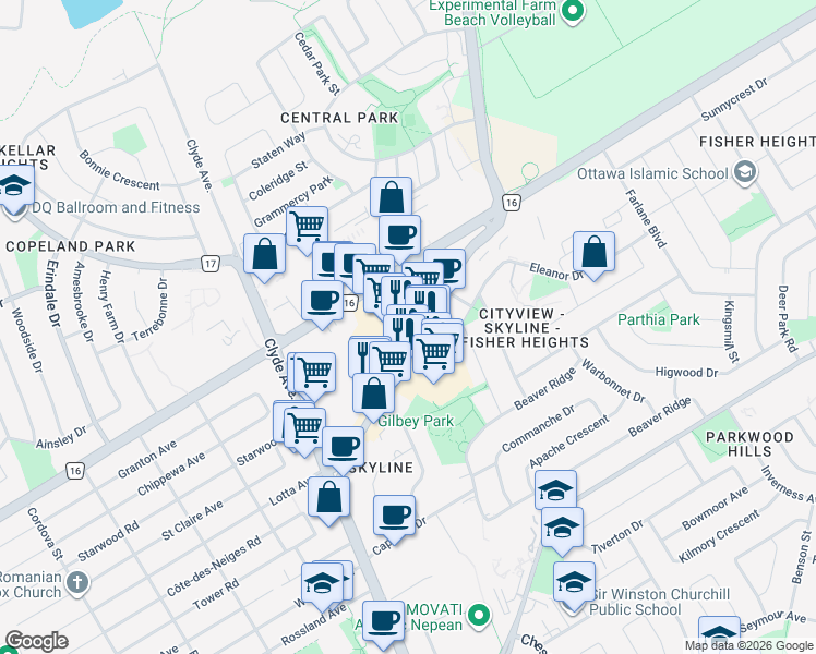 map of restaurants, bars, coffee shops, grocery stores, and more near 1463 Merivale Road in Ottawa