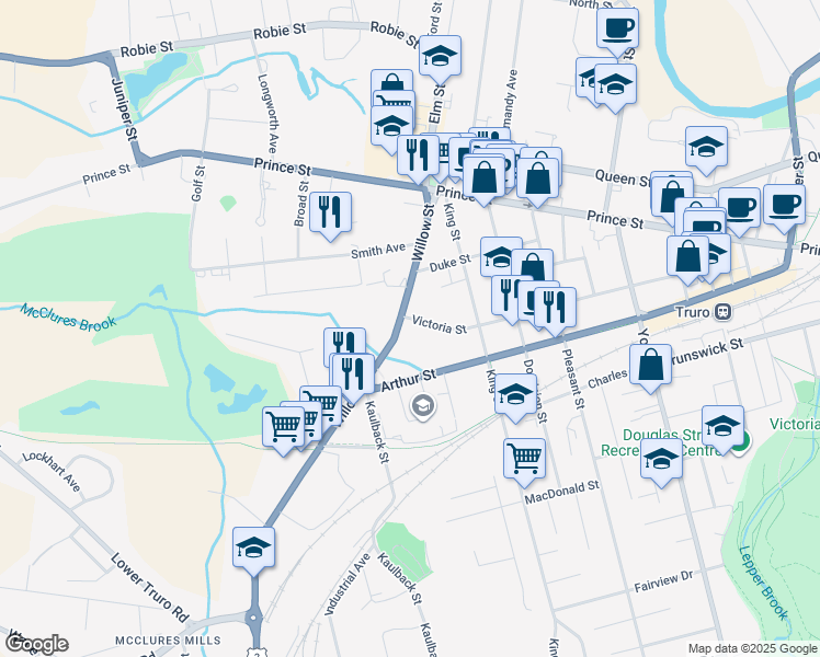 map of restaurants, bars, coffee shops, grocery stores, and more near 8 Victoria Street in Truro