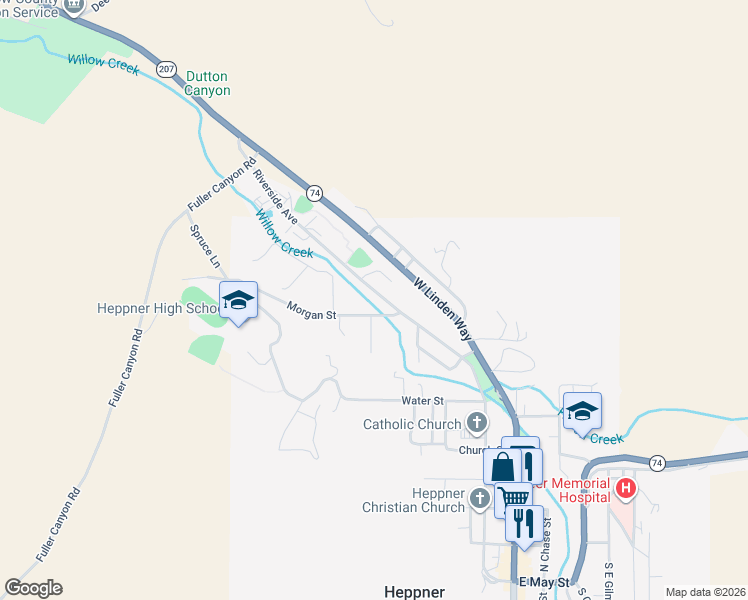 map of restaurants, bars, coffee shops, grocery stores, and more near 458 Morgan Street in Heppner