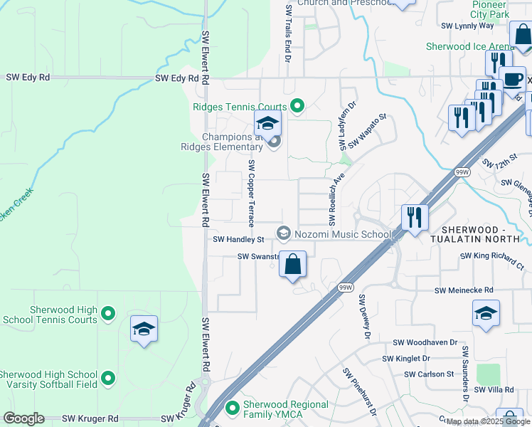 map of restaurants, bars, coffee shops, grocery stores, and more near 18054 Southwest Cereghino Lane in Sherwood