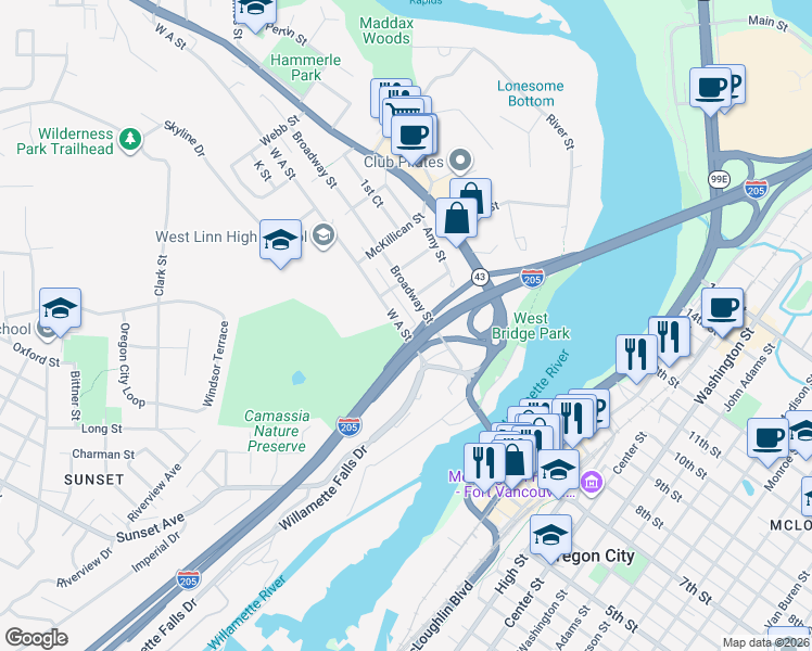 map of restaurants, bars, coffee shops, grocery stores, and more near 1987 King Street in West Linn