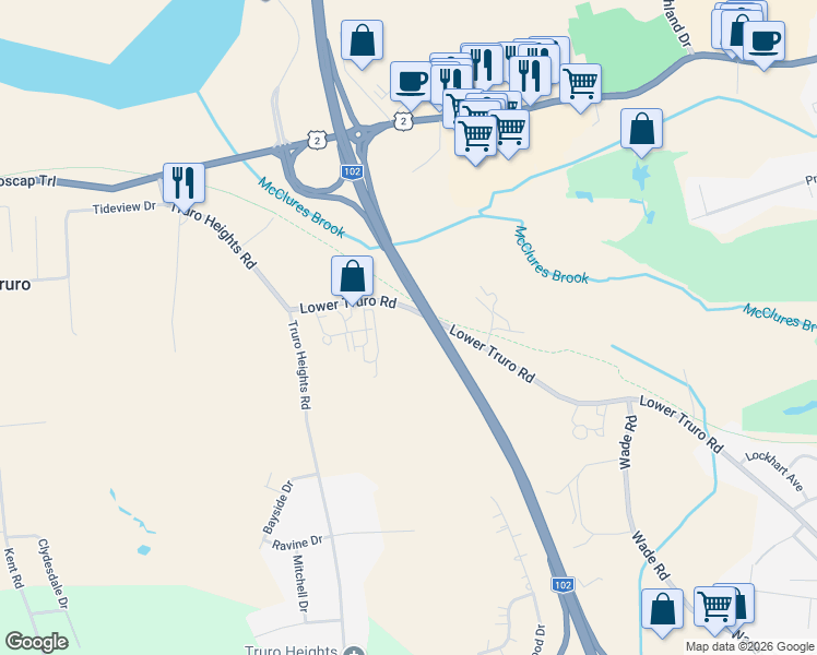 map of restaurants, bars, coffee shops, grocery stores, and more near 56 Lower Truro Road in Lower Truro