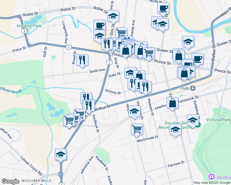 map of restaurants, bars, coffee shops, grocery stores, and more near 35 Victoria Street in Truro