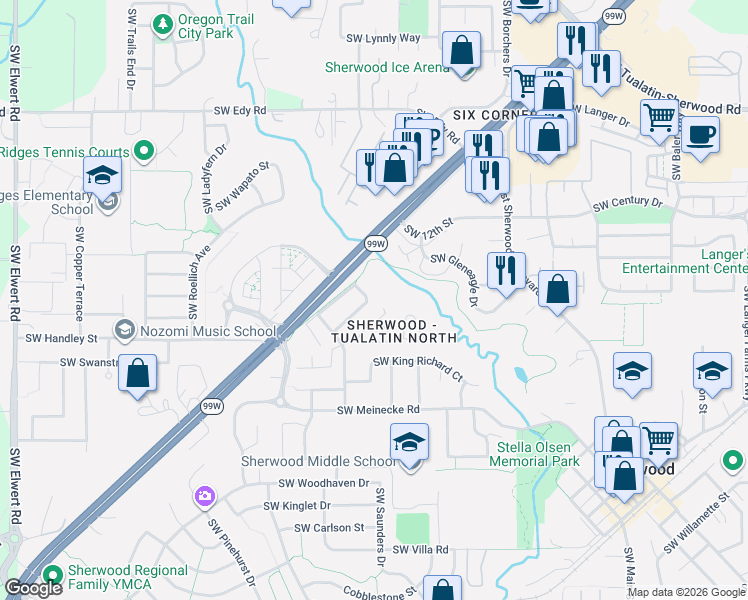 map of restaurants, bars, coffee shops, grocery stores, and more near 21778 Southwest Vintner Lane in Sherwood