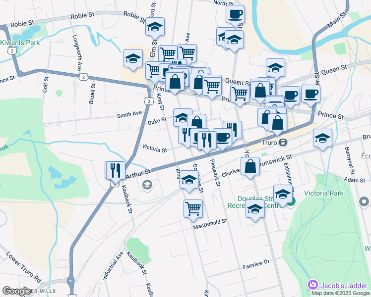 map of restaurants, bars, coffee shops, grocery stores, and more near 96 Dominion Street in Truro
