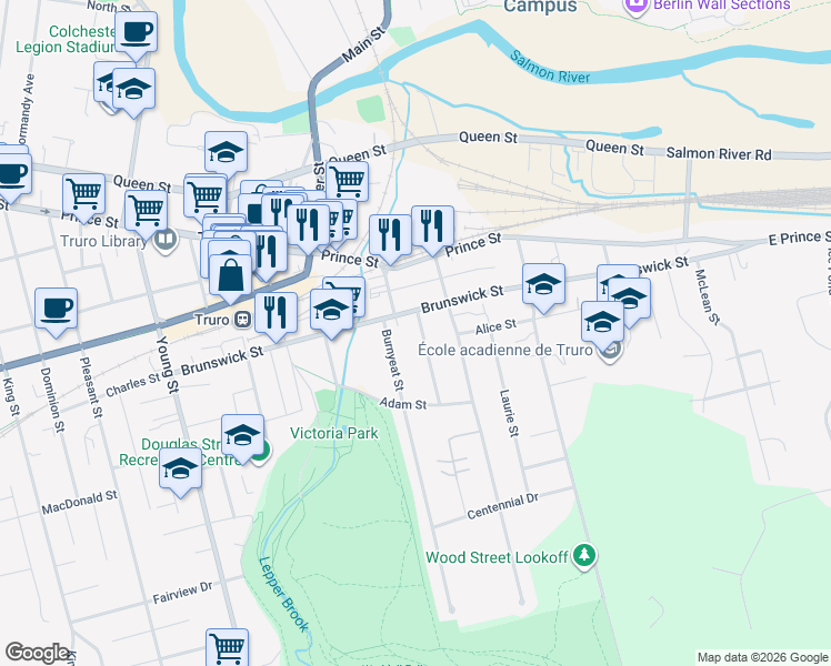 map of restaurants, bars, coffee shops, grocery stores, and more near 12 Archibald Street in Truro