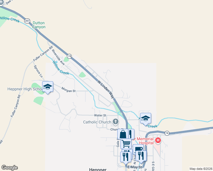 map of restaurants, bars, coffee shops, grocery stores, and more near 325 West Linden Way in Heppner