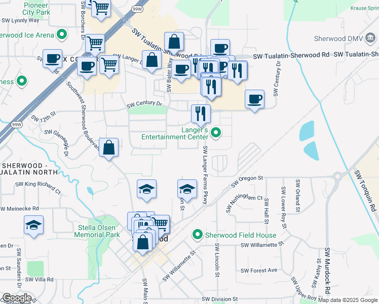 map of restaurants, bars, coffee shops, grocery stores, and more near 15582 Southwest Farmer Way in Sherwood