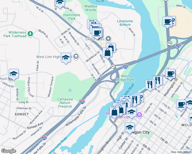 map of restaurants, bars, coffee shops, grocery stores, and more near 1987 King Street in West Linn