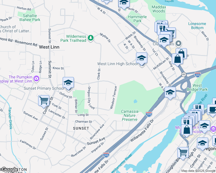 map of restaurants, bars, coffee shops, grocery stores, and more near 5275 Crown Street in West Linn