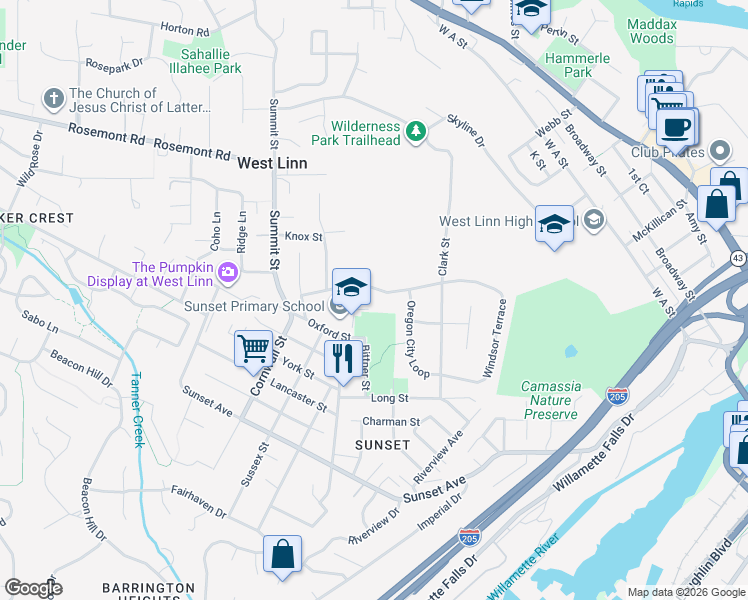 map of restaurants, bars, coffee shops, grocery stores, and more near 2351 Oxford Street in West Linn