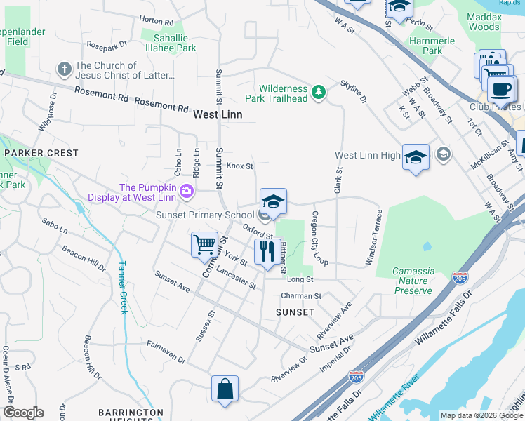 map of restaurants, bars, coffee shops, grocery stores, and more near 2625 Oxford Street in West Linn