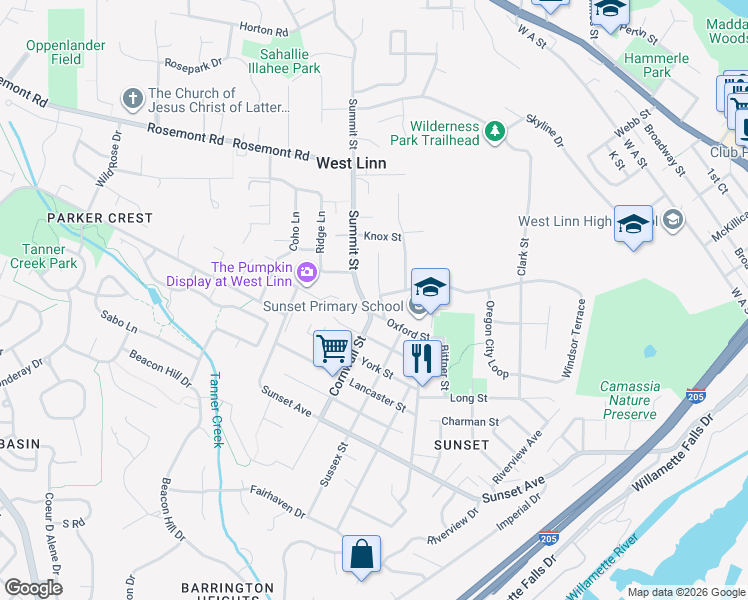map of restaurants, bars, coffee shops, grocery stores, and more near 4730 Cornwall Street in West Linn