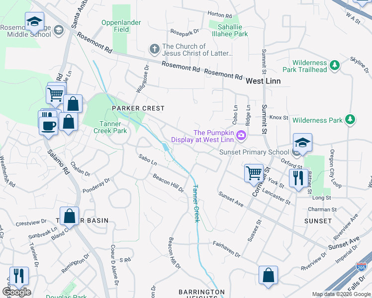 map of restaurants, bars, coffee shops, grocery stores, and more near 3020 Winkel Way in West Linn
