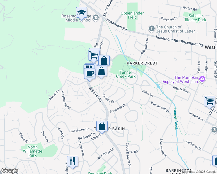 map of restaurants, bars, coffee shops, grocery stores, and more near 3488 Chelan Drive in West Linn