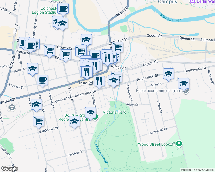 map of restaurants, bars, coffee shops, grocery stores, and more near 90 Brunswick Street in Truro