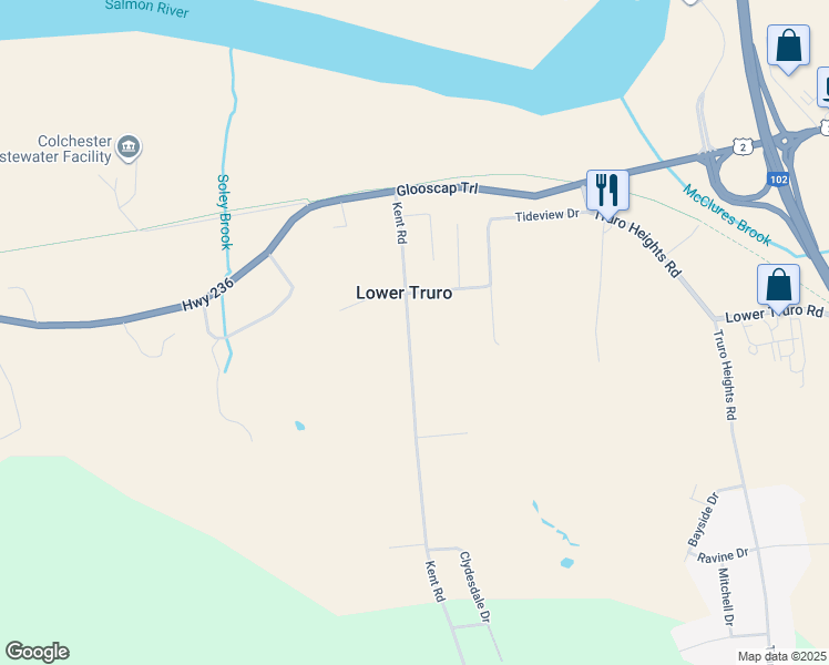 map of restaurants, bars, coffee shops, grocery stores, and more near 89 Kent Road in Lower Truro