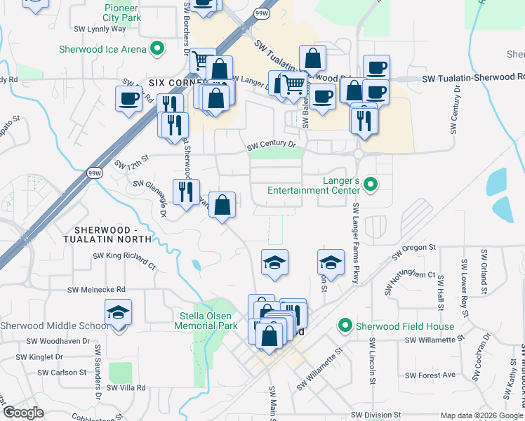 map of restaurants, bars, coffee shops, grocery stores, and more near 16045 Southwest Baler Way in Sherwood