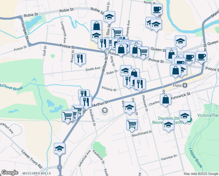 map of restaurants, bars, coffee shops, grocery stores, and more near 27 Victoria Street in Truro