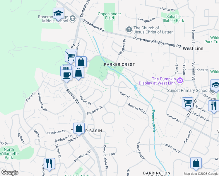 map of restaurants, bars, coffee shops, grocery stores, and more near 3212 Wild Rose Loop in West Linn