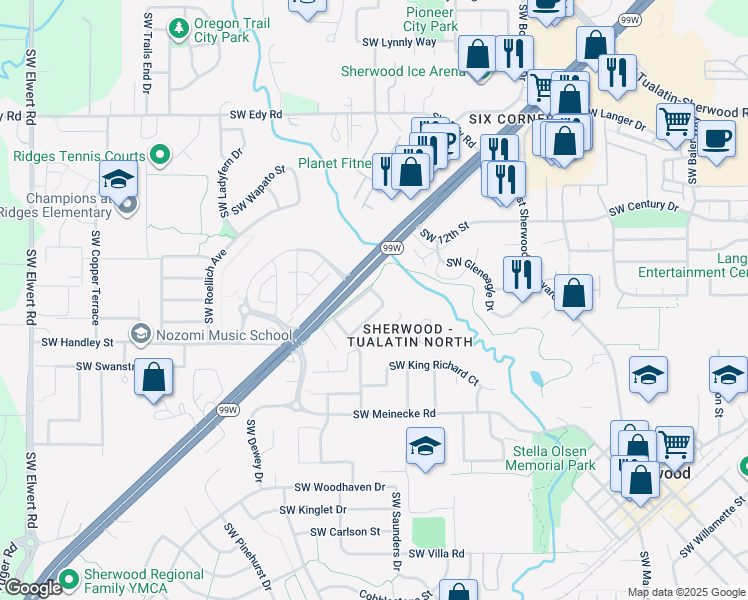 map of restaurants, bars, coffee shops, grocery stores, and more near 21739 Southwest Vintner Lane in Sherwood