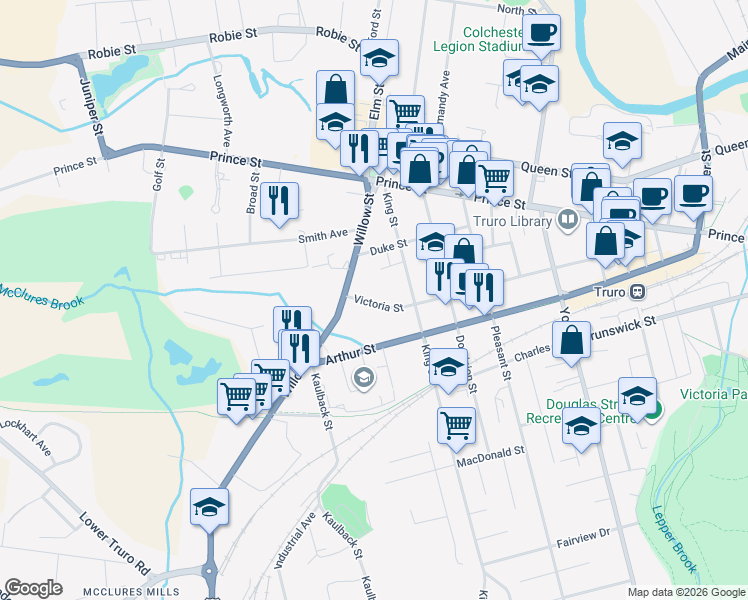 map of restaurants, bars, coffee shops, grocery stores, and more near 21 Victoria Street in Truro