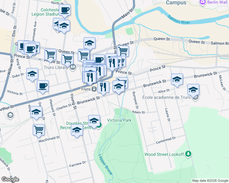 map of restaurants, bars, coffee shops, grocery stores, and more near 99 Brunswick Street in Truro