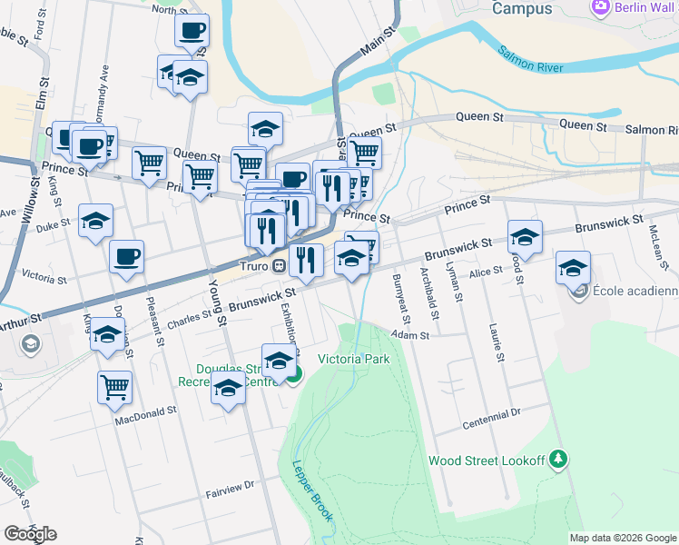 map of restaurants, bars, coffee shops, grocery stores, and more near 99 Brunswick Street in Truro