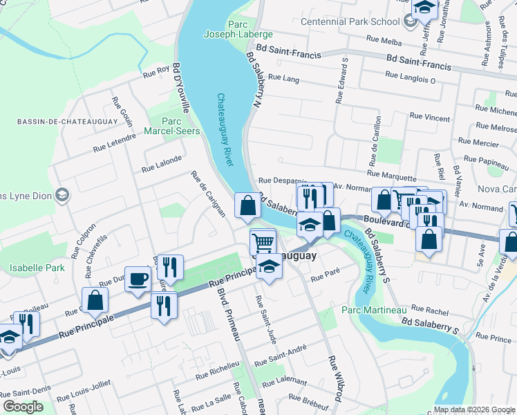 map of restaurants, bars, coffee shops, grocery stores, and more near in Châteauguay