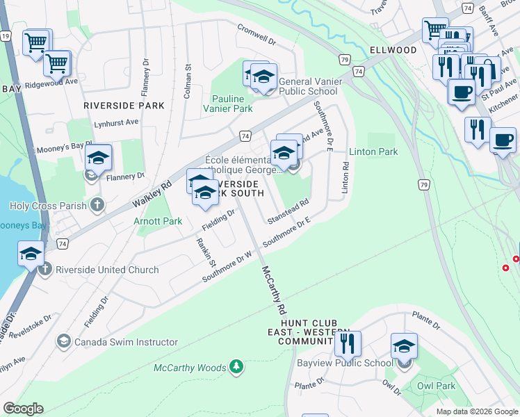 map of restaurants, bars, coffee shops, grocery stores, and more near 2993 Hyde Street in Ottawa