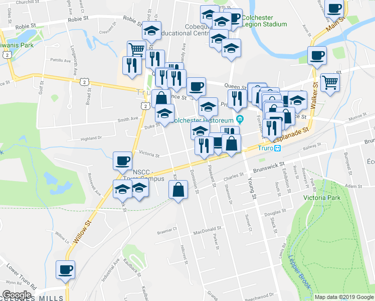 map of restaurants, bars, coffee shops, grocery stores, and more near 80 Victoria Street in Truro