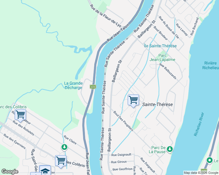 map of restaurants, bars, coffee shops, grocery stores, and more near 399 Rue Baillargeon in Saint-Jean-sur-Richelieu