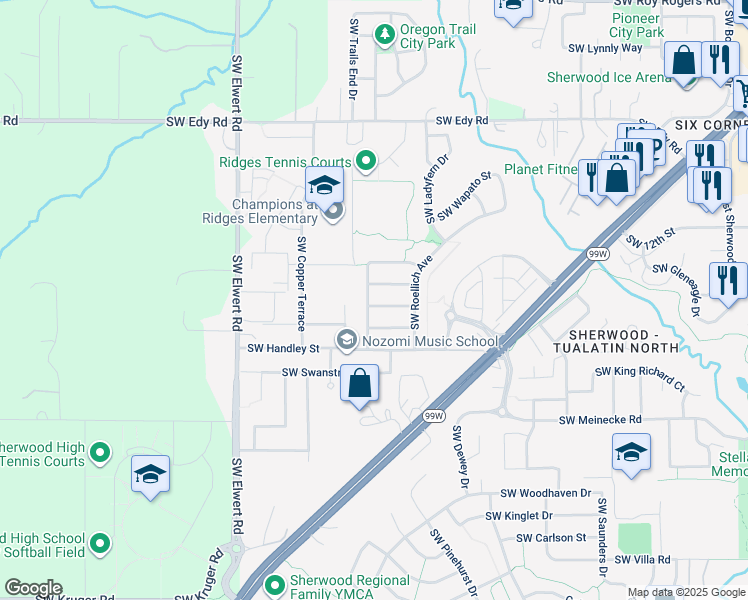 map of restaurants, bars, coffee shops, grocery stores, and more near 17983 Southwest Eldred Lane in Sherwood