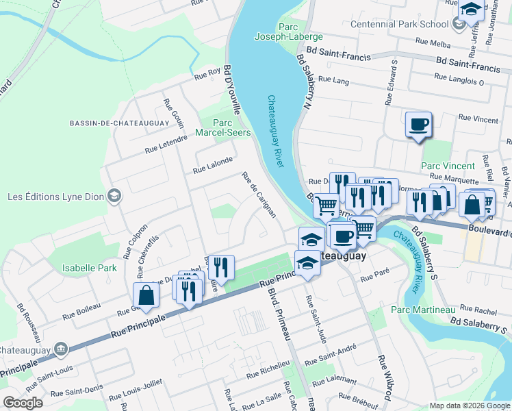 map of restaurants, bars, coffee shops, grocery stores, and more near 78 Rue Philippe in Châteauguay