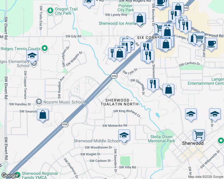 map of restaurants, bars, coffee shops, grocery stores, and more near 21700 Southwest Vintner Lane in Sherwood