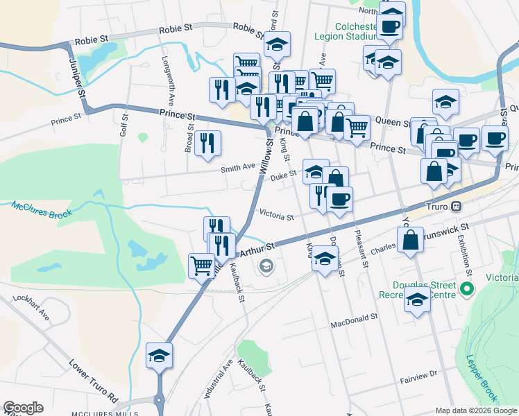map of restaurants, bars, coffee shops, grocery stores, and more near 7 Victoria Street in Truro