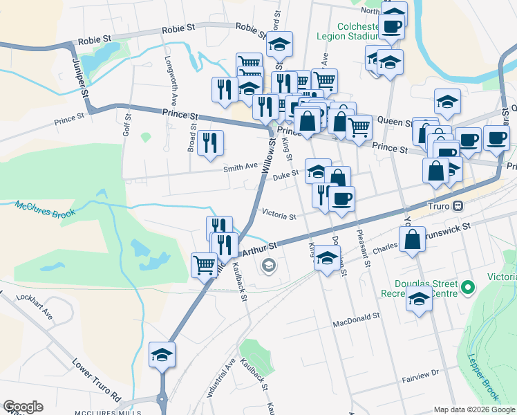 map of restaurants, bars, coffee shops, grocery stores, and more near 1 Victoria Street in Truro